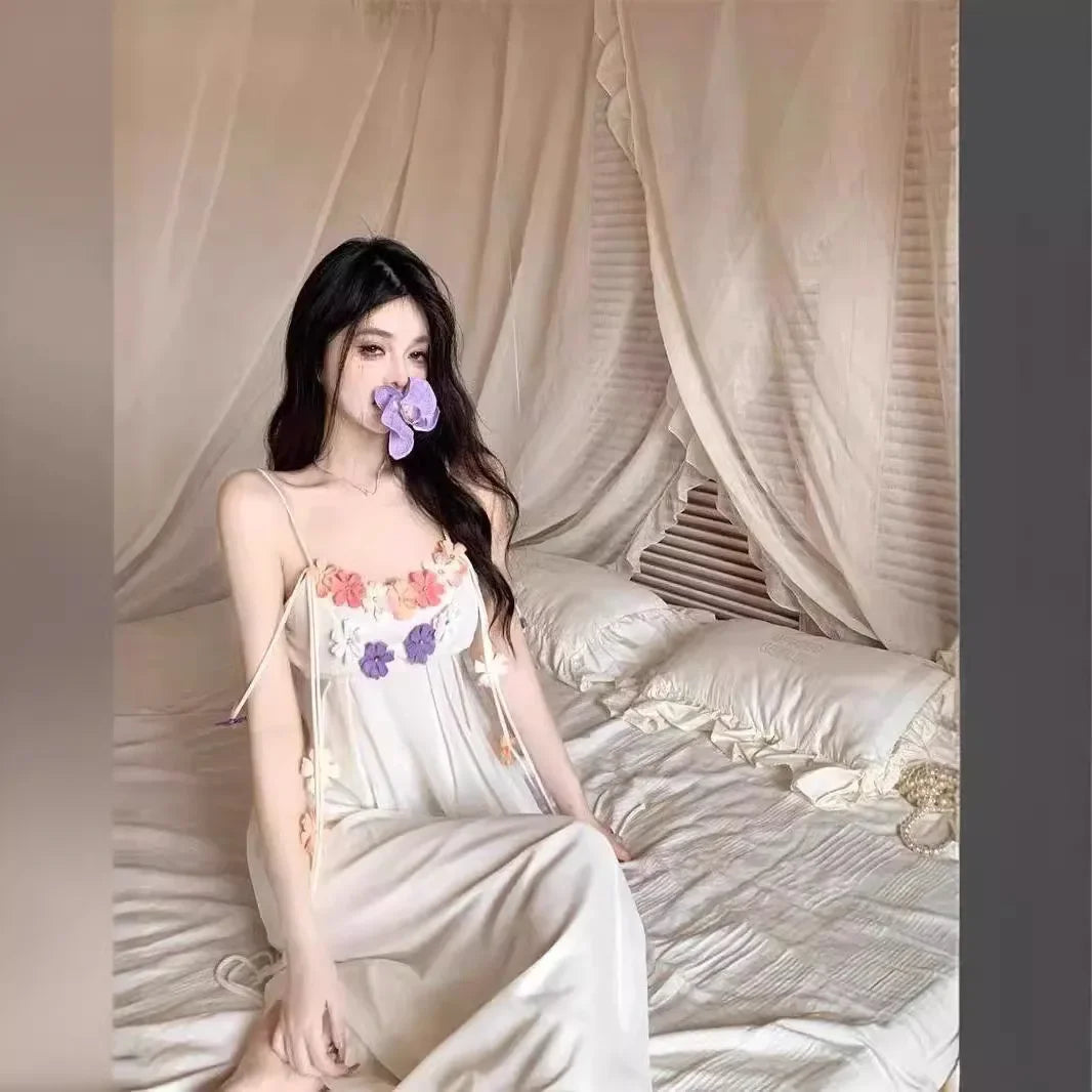 French 3D Flower Tank Dress Women's Summer Soft Mesh Long Dress White Open-back Waist-fitted A- line Skirt voguable