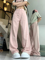 Sweet Pearl Pink Jeans Women High Waist Loose Vintage Design Denim Pants Casual Preppy Style Retro Cute Elegant Trousers voguable