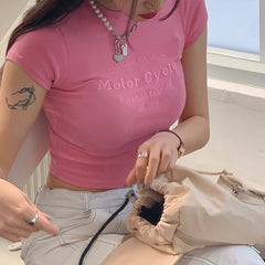 Voguable Letter Embroidery Cropped Top Pink Sweet Aesthetic T Shirt Short Sleeve Casual Tees Korean Fashion Gentle Mature Tops voguable