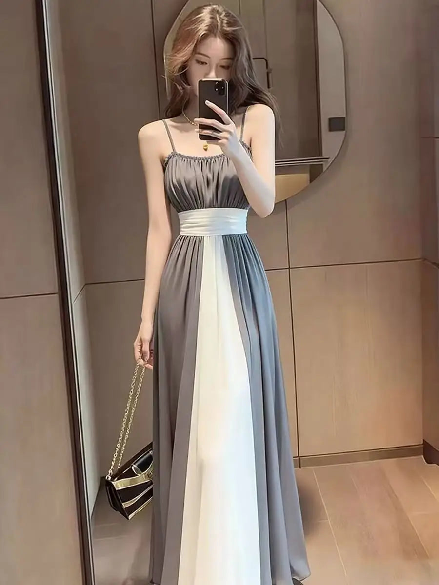 Voguable  Women Satin Cami Maxi Dress Beaded Scoop Neck Ruched High Waist Color Block Flowy Wedding Guest Evening Formal Gown Vestidos voguable