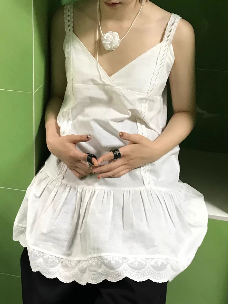 Voguable  Korean A-LINE Solid Lace Patchwork All Match Layered Strap Dress voguable