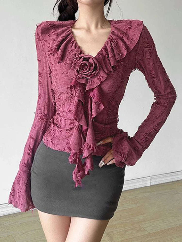 3D Floral Ruffles Y2K T Shirts Women Slim Long Sleeve Hole Gothic Tops Streetwear Harajuku Vintage Lady V Neck Design Tees voguable
