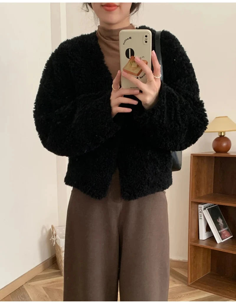 Winter Vintage Women Faux Lamb Coat Warm Soft Long Sleeve V Neck Sweet Jacket Retro Simple Solid Korean Female Preppy Style Tops voguable