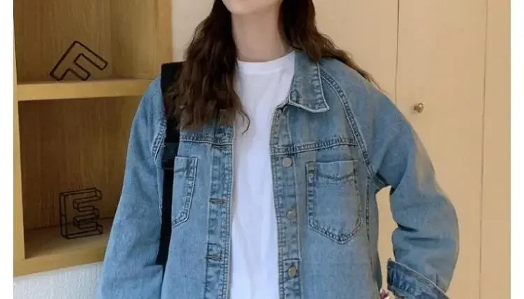Vintag Distressed Autumn New Denim Jackets Women Lapel Solid Pockets Button High Street Long Sleeve Loose Short Cowboy Coats Top voguable