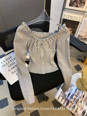 Autumn Winter Woman Slim Pullovers Slash Neck Sweater Long Sleeve Knitwear 2000s Aesthetic Korean Fashion Vintage Cute Core Chic Pbong