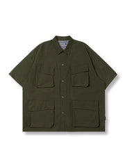 Voguable  Multi Pocket Lapel Shirt Loose Workwear Short Sleeve Button Blouse Men Women Vintage CityBoy Japan Premium Cargo Shirt voguable
