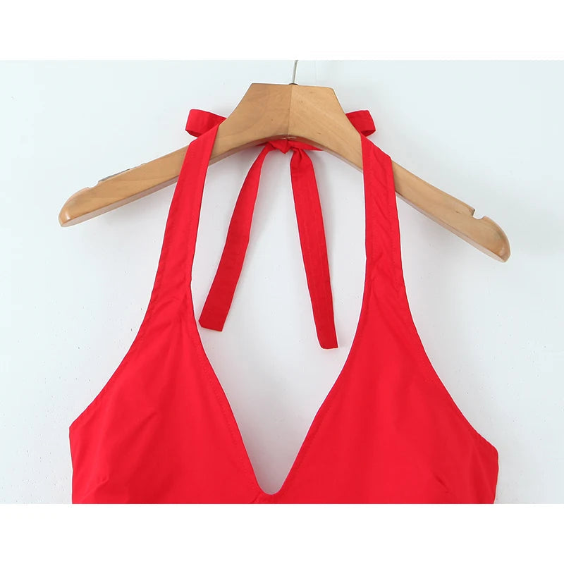 Red Elegant Slim Evening Party Dresses For Women Sexy Backless Low Waist  A-line Midi Long Halter Dress Cotton Robe voguable