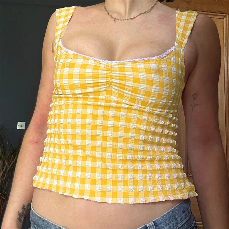 y2k Tops for Women Summer Fairycore Clothing Plaid Print Lace Trim Sleeveless Tanks T Shirts 2000s Clothing Streetwear voguable