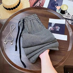 Korean Chic Plaid Casual Pants Women Summer High Waist Retro All Match Wide Leg Pants Y2K Loose Drawstring Straight Trousers voguable
