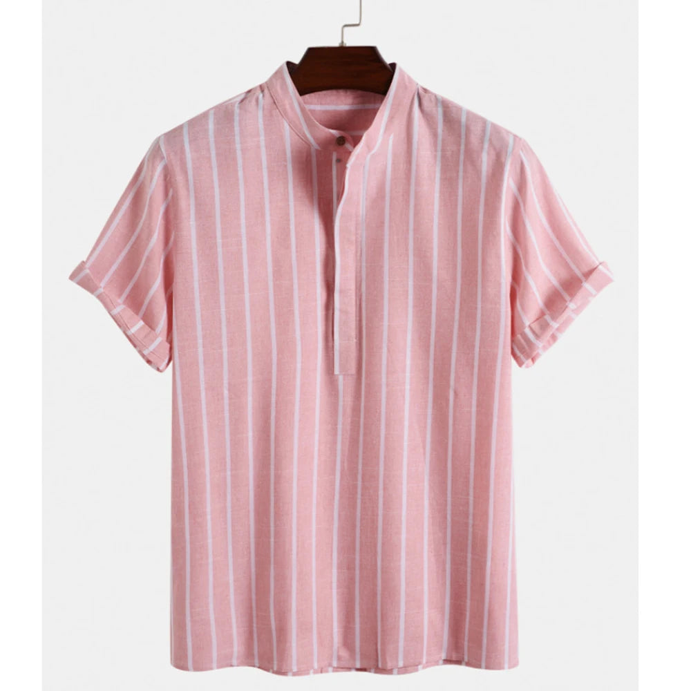 Voguable Summer Spring Men Casual Striped Blouse Shirts Male Turn Down Collar Short Sleeve Button Loose Sand Beach Tops M-3XL voguable