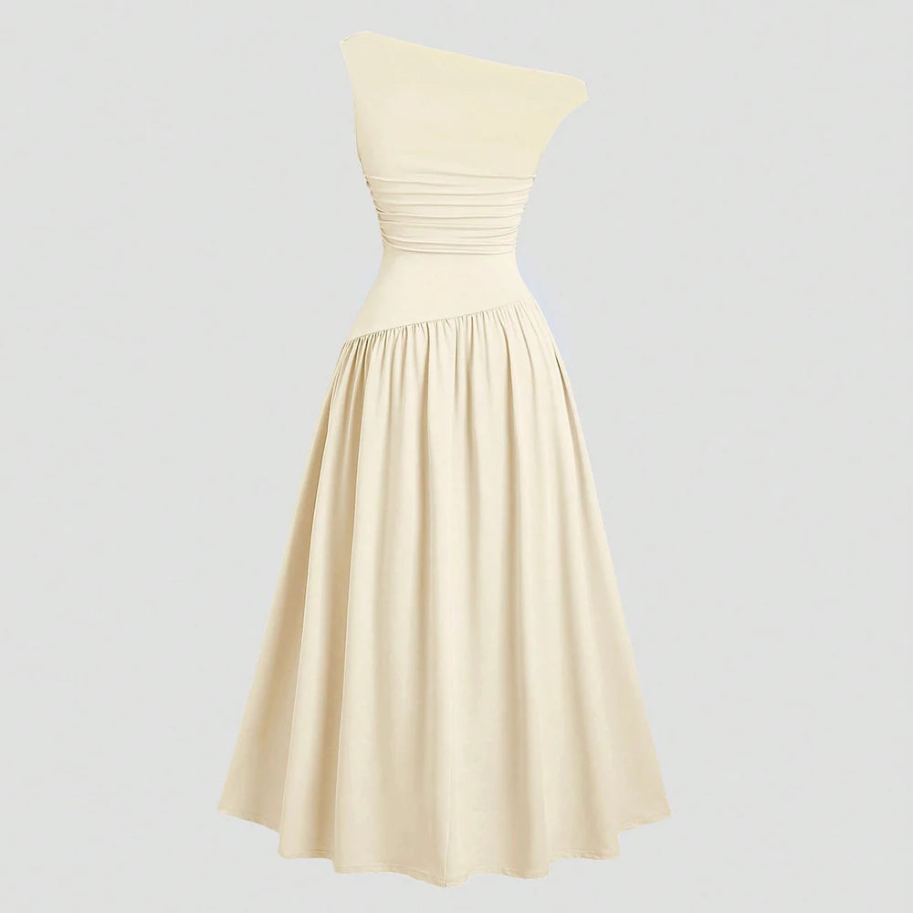 Dresses Summer French Plain Asymmetrical Folds Sleeveless One-Shoulder Draped Midi Basics Dresses For Women voguable