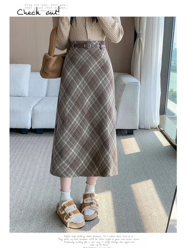 Faux Woolen Plaid Long Skirt Women Vintage Slim High Waist Back Slit Belt Skirts Korean Fall Winter Elegant Long Skirts New voguable