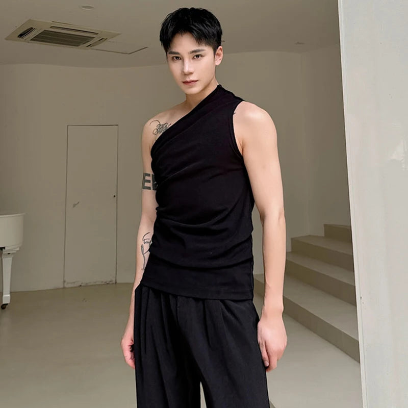 Voguable  Personalized Trendy Slant Shoulder Slim Fit Sleeveless Vests Original Plain Men's Street Tank Tops voguable