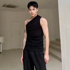 Voguable  Personalized Trendy Slant Shoulder Slim Fit Sleeveless Vests Original Plain Men's Street Tank Tops voguable