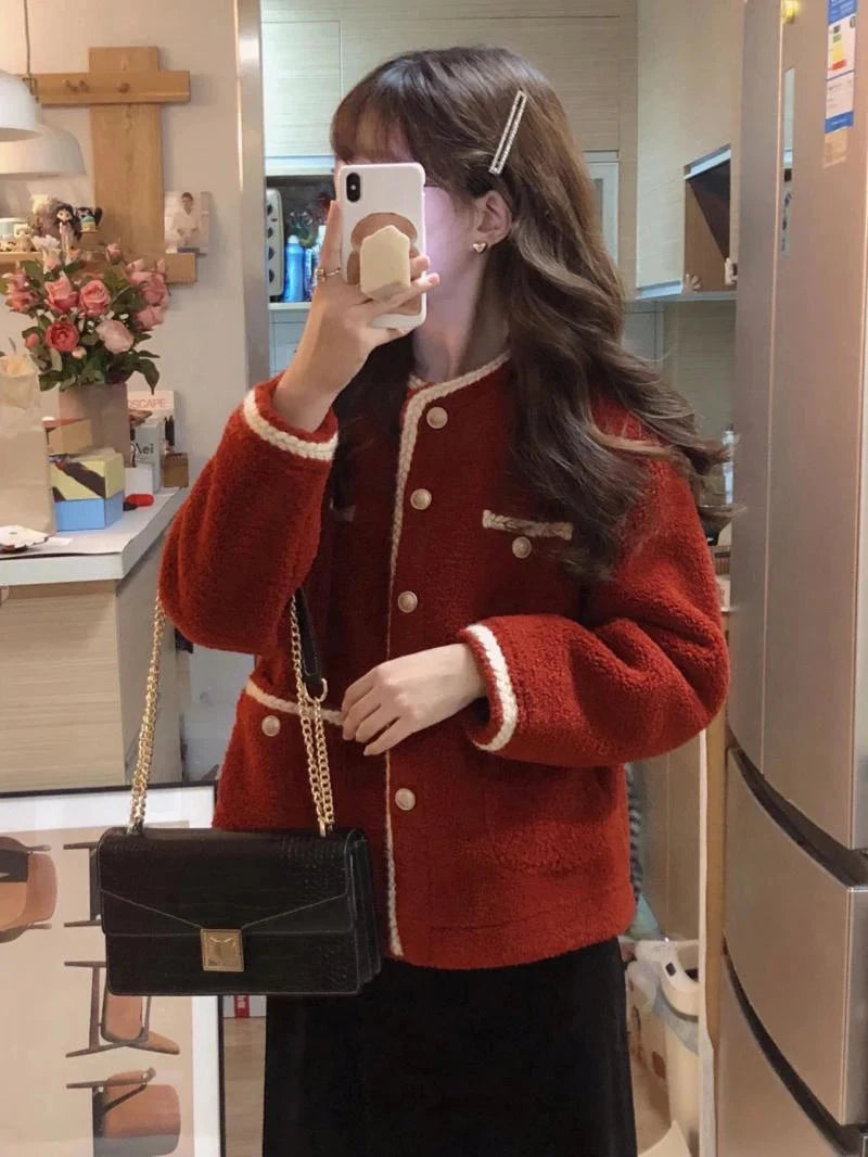 Red Faux Lamb Sweet Coat Women Korean Long Sleeve Winter Warm Jacket Vintage Casual O Neck Elegant Pearls Buttons Cute Tops voguable