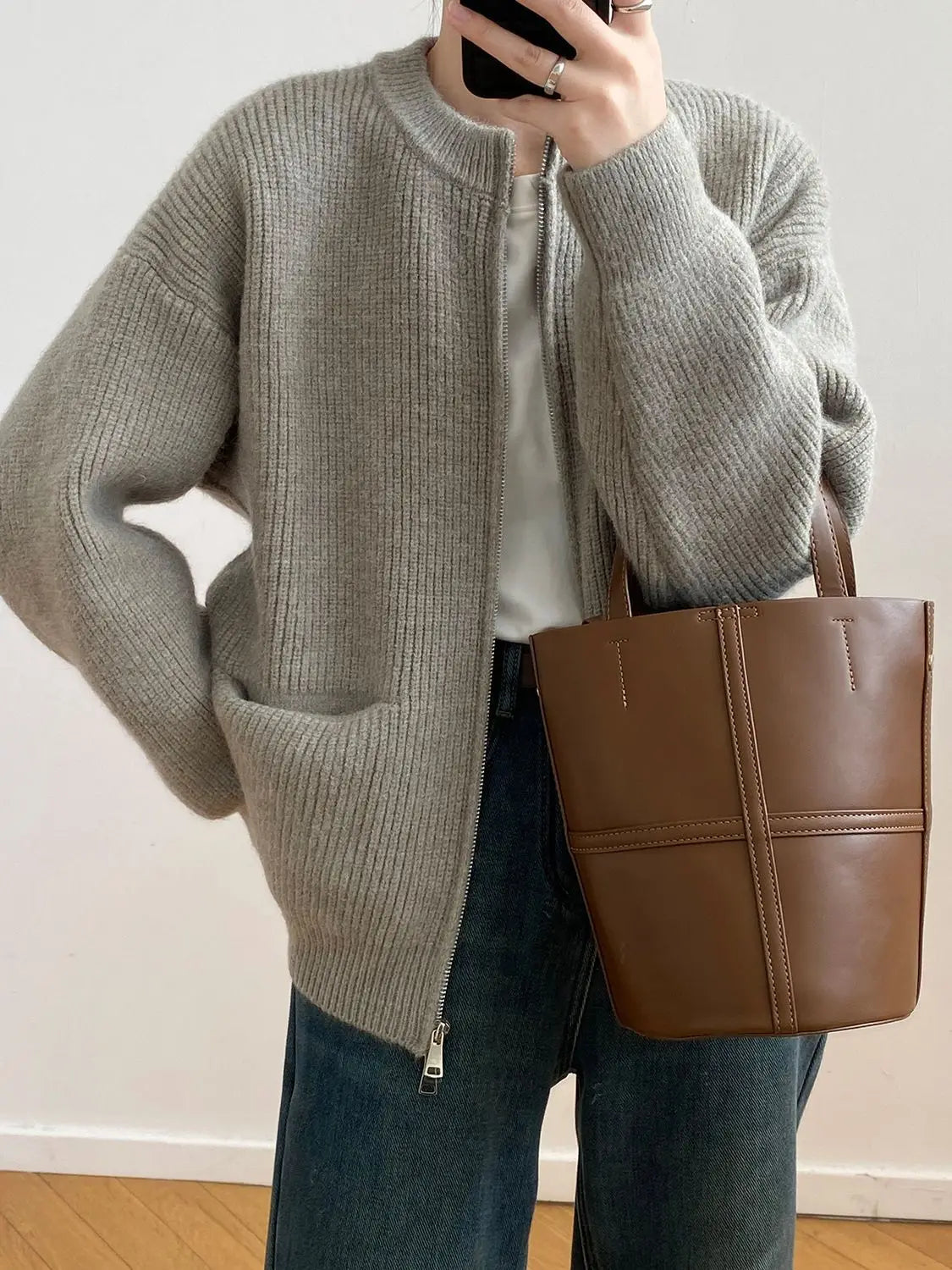 Sweater Cardigan Women Autumn Double Zipper Casual Korean Knitwear Coat Solid Color Loose Soft Long Sleeve Jackets Outerwear voguable