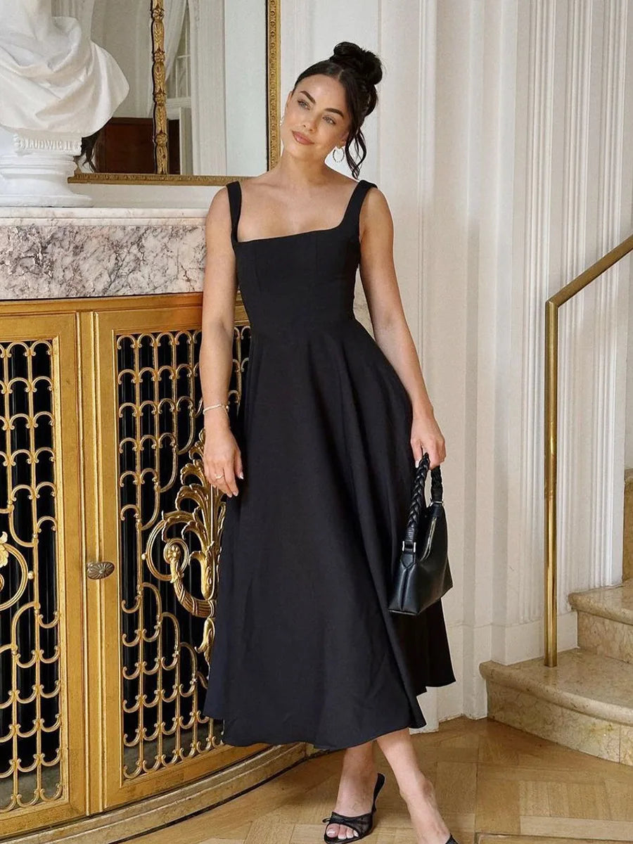 Elegant Square Collar White Long Dress 2025 New Summer A-line Sleeveless Tank's Dress Fashion Vacation Party Wedding Women Dress voguable