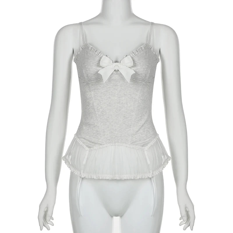Voguable  Y2K Lace Ruffles Crop Top Women Coquette Aesthetic Bow Milkmaid Corset Cute Japanese Lolita Style Camis Fairy Vest voguable