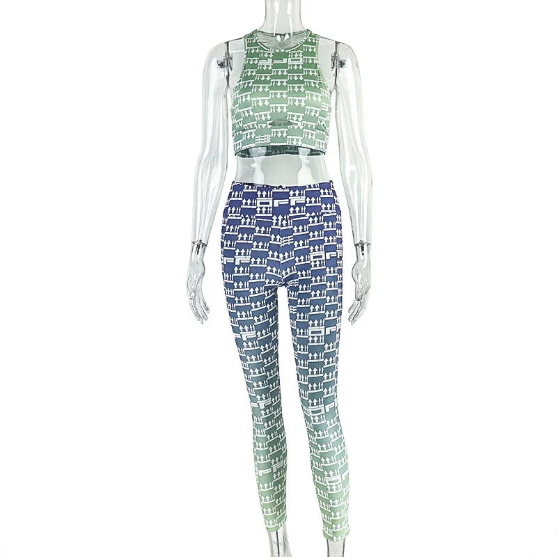 Voguable  Fashion Printing 2 Piece Sets Women's Tracksuits Summer O Neck Crop Top and Jogging Pant Stretch Biker Fitness Matching Suits voguable
