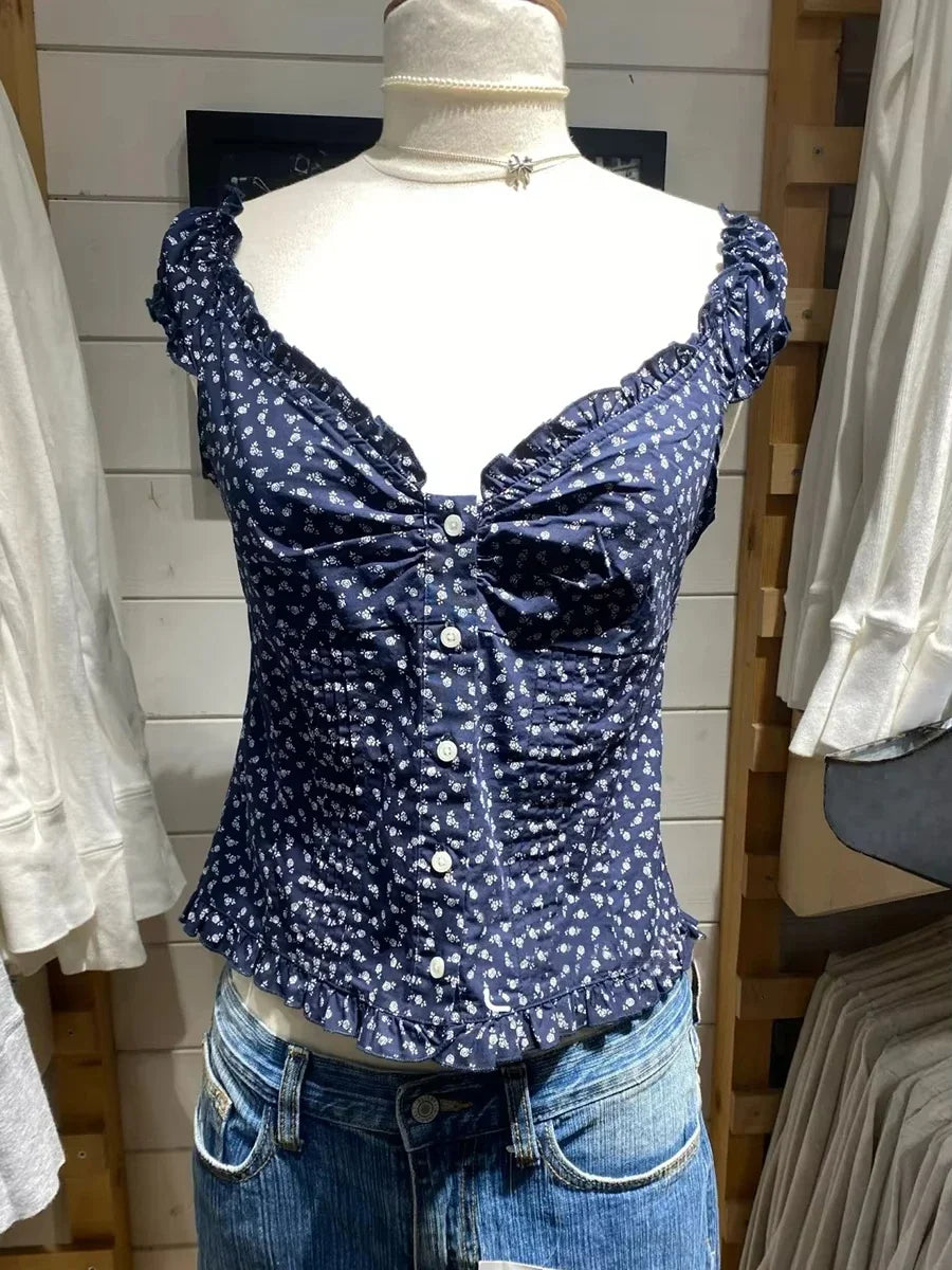 Voguable  Yellow Sweet Folds Blouse Casual Single Top Women Breasted Ruffle Sleeveless Tank Cute Casual Tops Vest Preppy Style Camis Y2K voguable