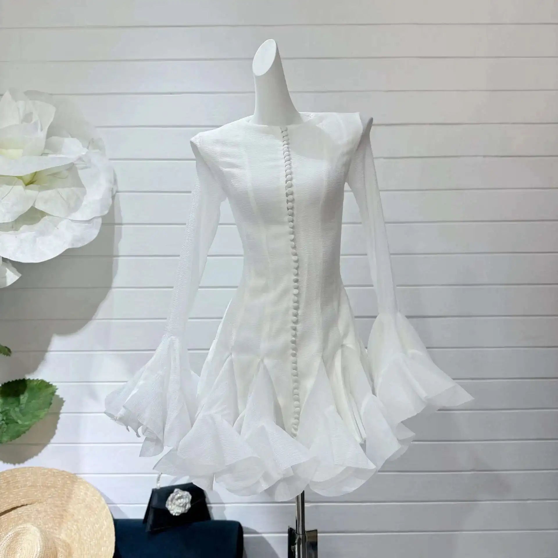 French Niche Women's Dress O Neck Button Flare Long Sleeve Spliced Ruffles Hem Solid Elegant Mini Dress 2025 New voguable