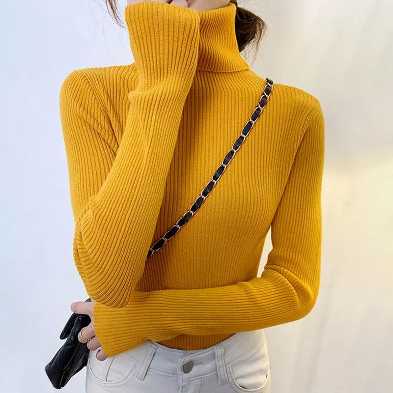 Elegant Solid Basic Knitted Tops Women Turtlneck Sweater Long Sleeve Casual Slim Pullover Korean Fashion Simple Chic Clothes voguable