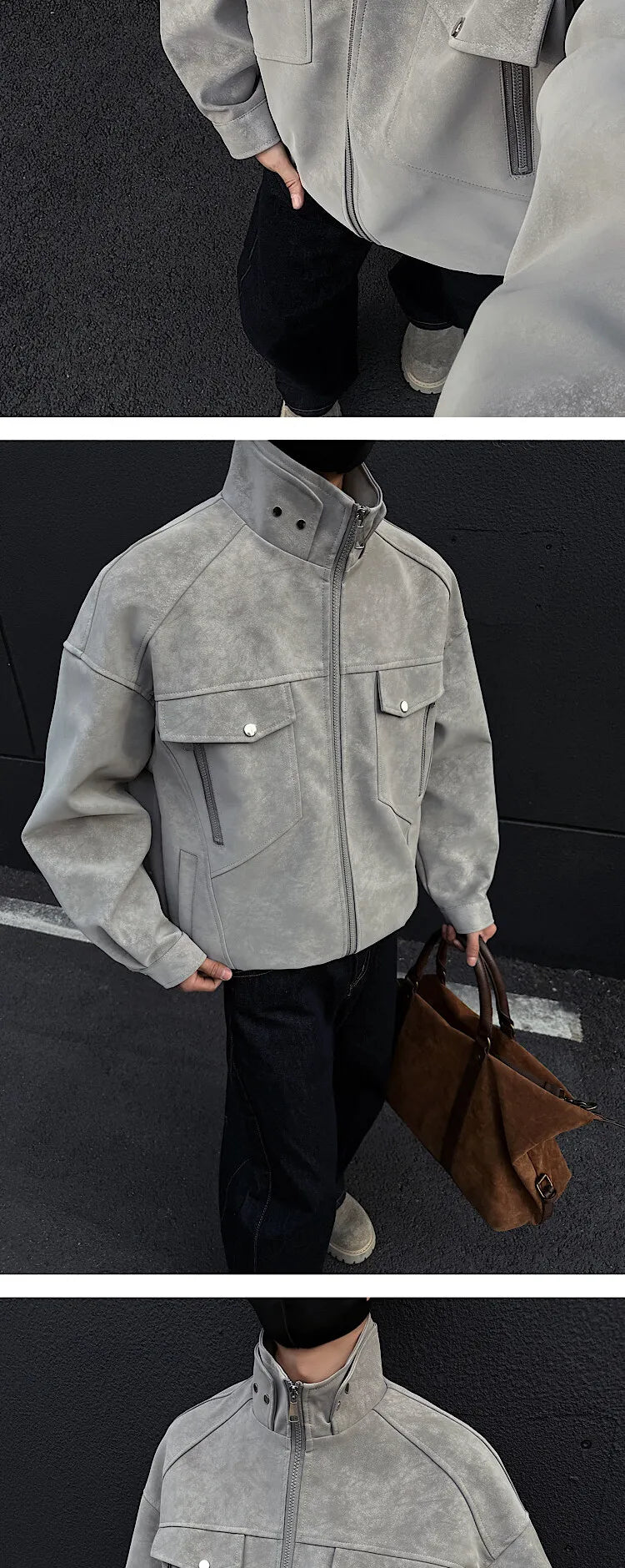 Mens Short Stand Collar Motorcycle Jacket Patchwork Cargo Biker Coat Spring Outdoor Riding Fashion Streetwear Urban Trendy voguable