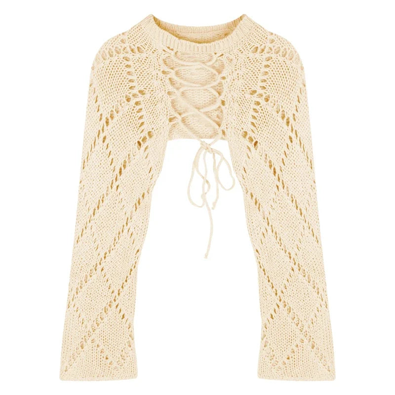 Voguable 2024 Summer New Korean Hollow Sexy Backless Lace-up Solid Color Long-sleeved Sweater Women + Basic Camisole Two-piece Suit voguable