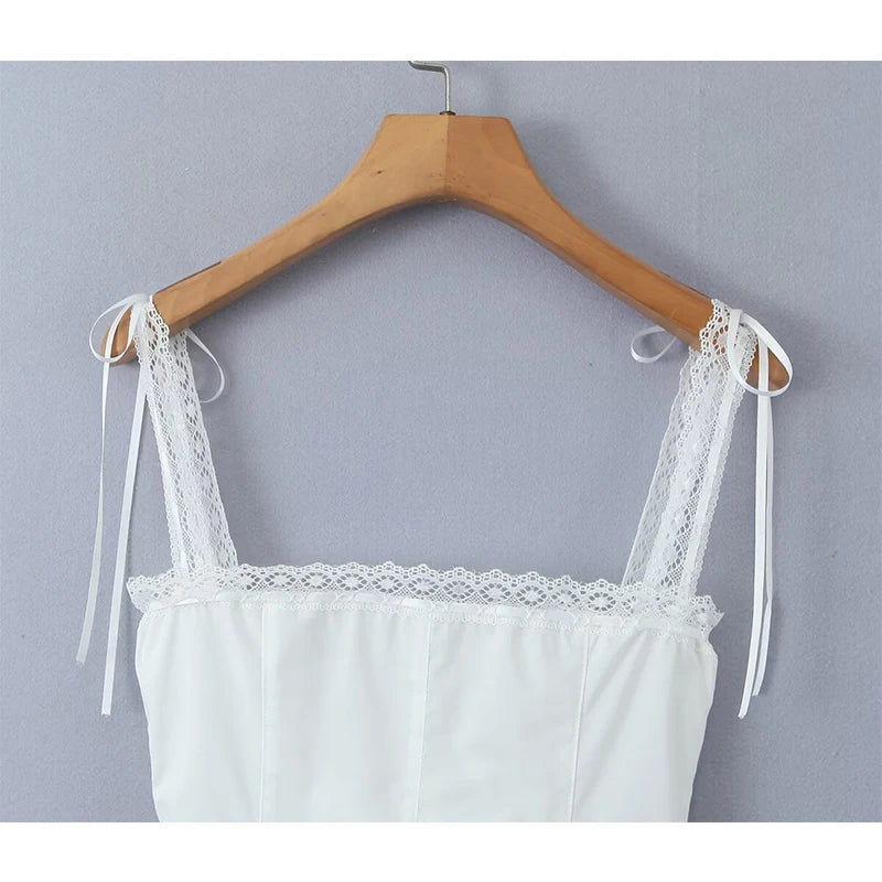 Voguable Sweet Lace Trim White Slim Camis Sexy Women Cotton Tank Top Summer Bow Front Button Crop Top voguable