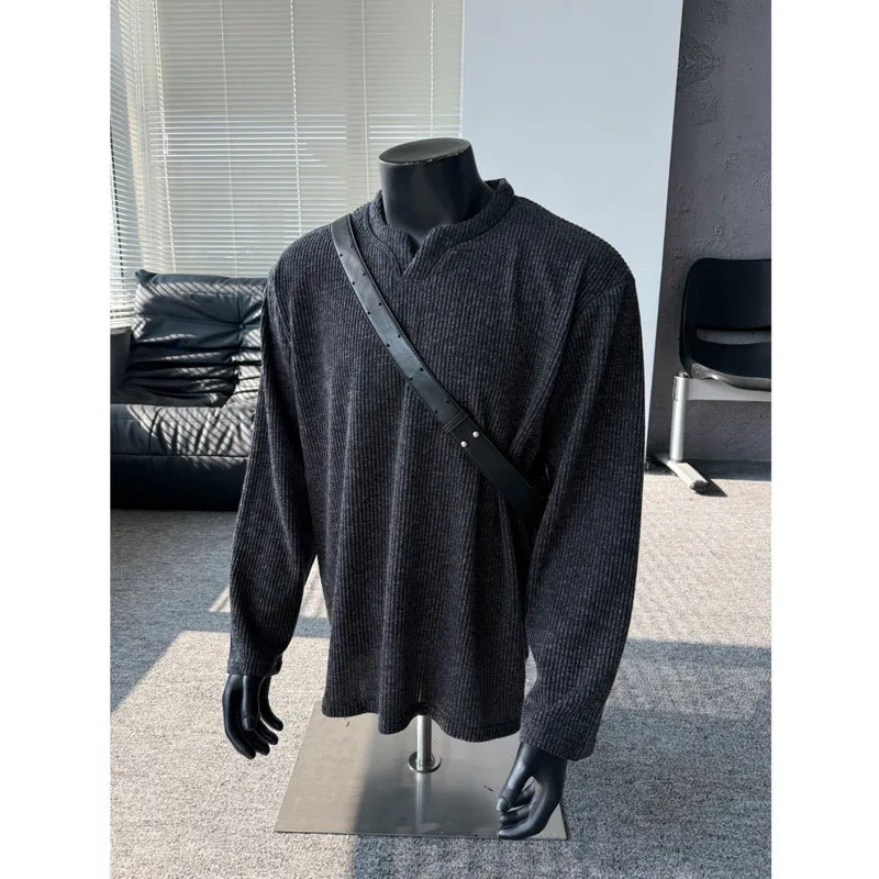 Autumn Long Sleeved T-shirt Men Fashion V-neck T-shirt Men Streetwear Hip-hop Loose Casual Pleated T Shirt Mens Top M-3XL voguable