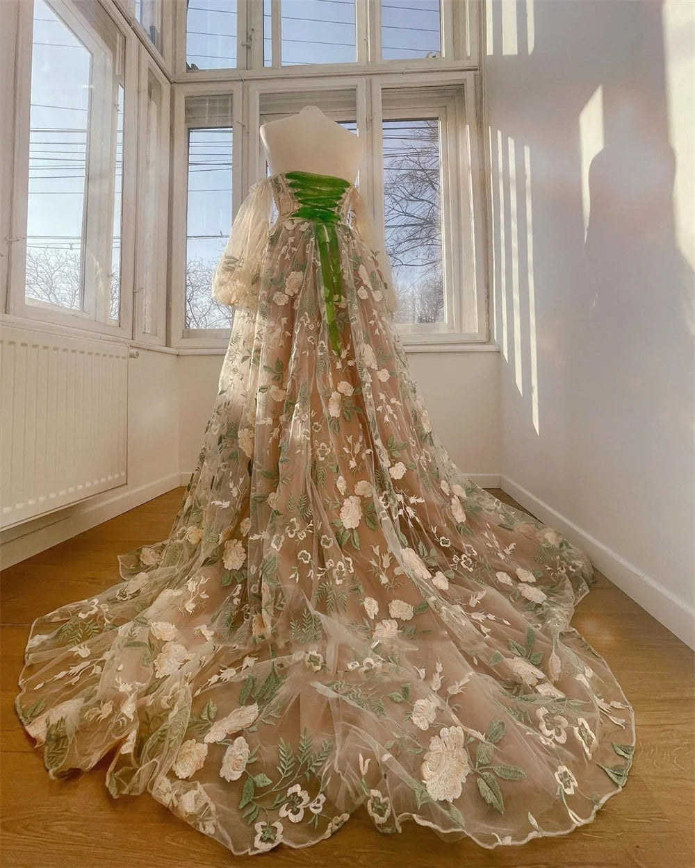 Voguable  Handmade Pearl Beading Prom Dress Princess Puffy Sleeve Evening Dresses Off Shoulder Party Dresses Robe voguable