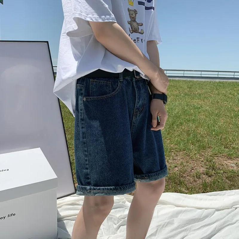 Voguable Summer Denim Shorts Men Fashion Retro Blue Denim Shorts Men Streetwear Korean Loose Straight Jeans Shorts Men Five Part Pants voguable