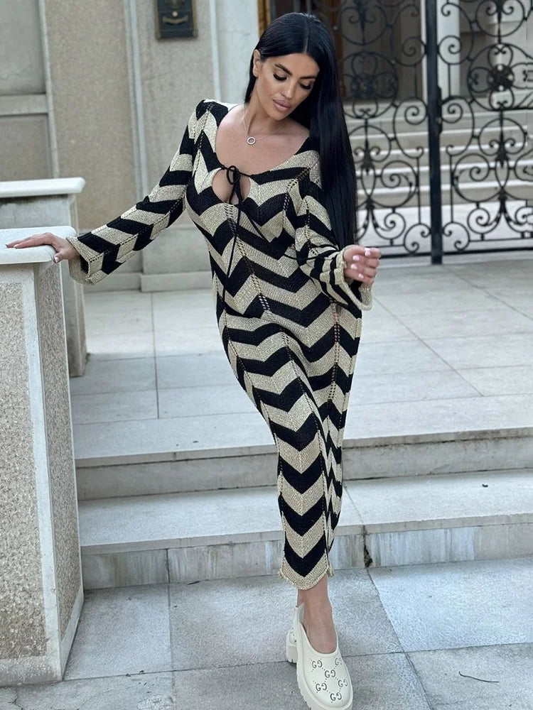 TARUXY Autumn New Lace Up Hollow Sexy Beach Cover Up Dress Women's  Stripled Long Sleeve Slim Elegant Knitted Maxi Dress V Neck voguable