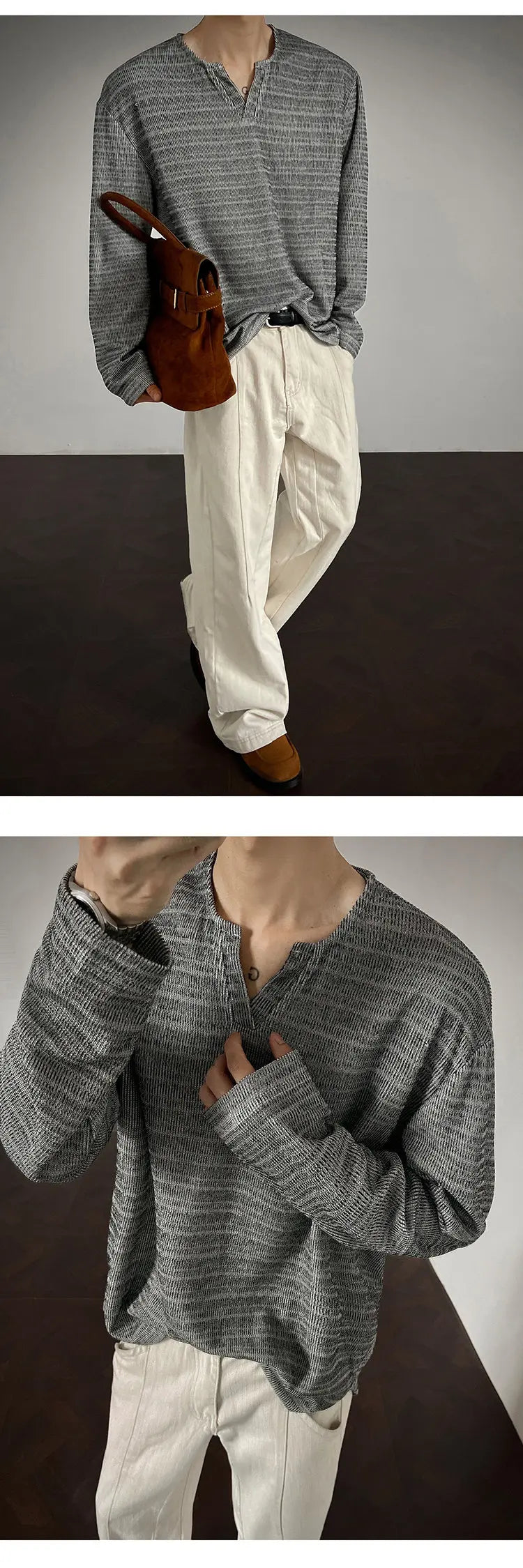 2025 New Fall Mens Long Sleeve Tshirt Soft Comfortable Casual Knitted Shirt V Neck Top Fashion Mens Clothing Teen Boys Clothing voguable