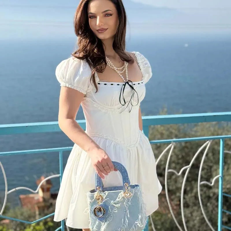 New Women Sexy Off Shoulder White Mini Dress Short Sleeve Low Waist Lace Up Back Sweet Summer Dresses Cotton Robe voguable