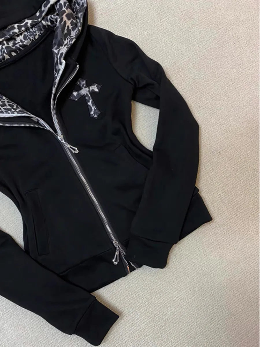 Voguable  Vintage Y2k Leopard Print Trend Girl Dressing Up Hoodies Black Classic Zip Up Gothic Sweatshirts for Women's Loose Hoodies voguable