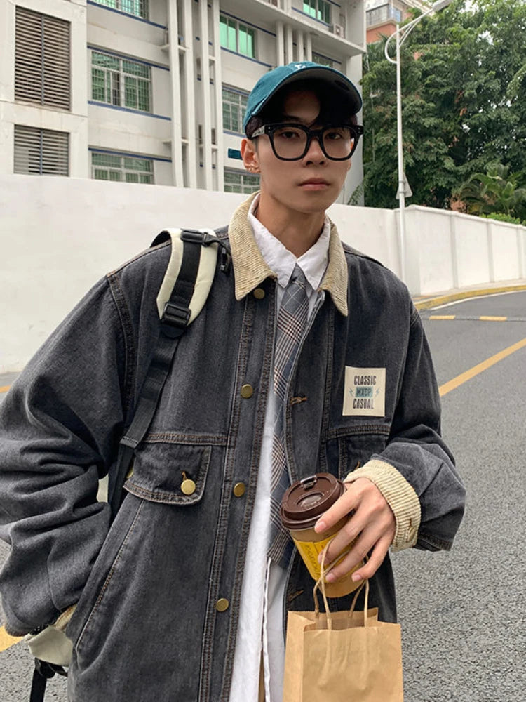 Japan Retro Lapel Denim Jacket Cityboys Punk Loose Jacket Autumn Hong Kong Style Hip Hop Handsome Stitching Jeans Coat voguable
