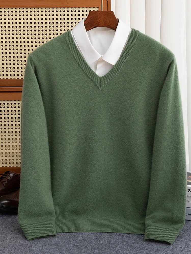 Men 100% Merino Wool Sweater V-Neck Pullover Autumn Winter Cashmere Warm Solid Knitwear Clothes Business Bottoming Soft Tops voguable