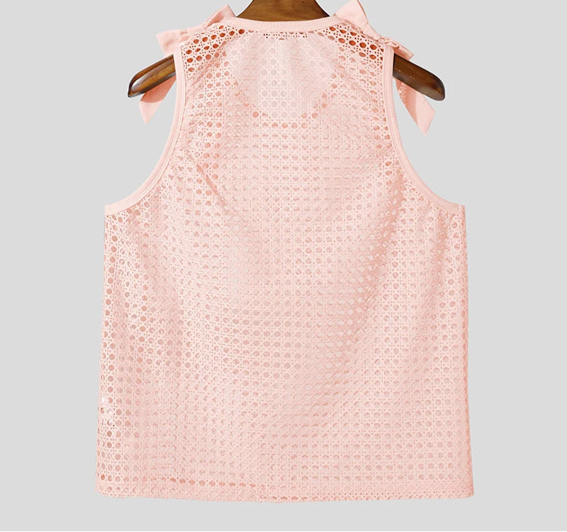 Summer Men Tank Tops Hollow Out See Through Bow Patchwork Sleeveless Male Vests Streetwear Sexy 2025 Fashion Men Clothes voguable