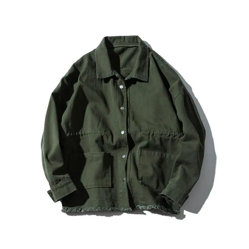 Japanese Cargo Retro Jacket Men 2025 Spring Loose Large Size Army Green Denim Jacket Preppy Trendy High-end Simple Jacket Chic voguable