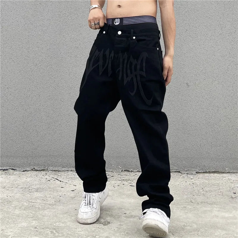 Y2K Black Baggy Jeans Men's New Streetwear American Retro Printed Letter Pants Straight Hip-hop Loose Denim Trousers voguable