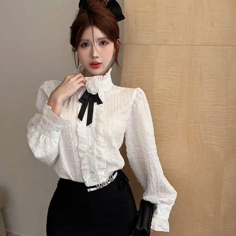 3D Floral Bow Shirt Women Elegant Long Sleeve Retro Korean White Blouse Casual Design Female Vintage Sweet Tops Spring New voguable