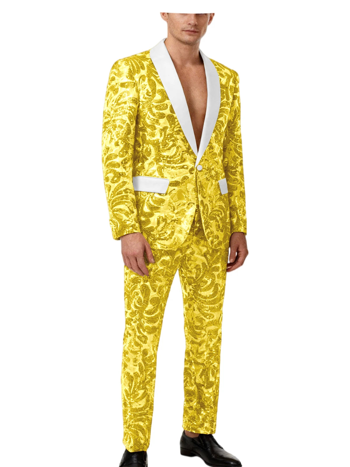 Voguable  Luxury Men's Sequin 2 Piece Set (Blazer+Pants) Shawl Collar 1 Button Slim Fit Sparkly Tuxedos Jacket Trousers for Wedding Party voguable