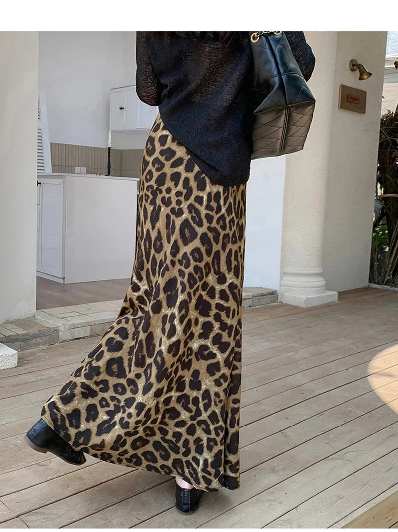 Sexy Slim Leopard Long Skirts Women High Waist Retro Streetwear Y2K Skirt Fall Casual Harajuku American Vintage Long Skirt voguable