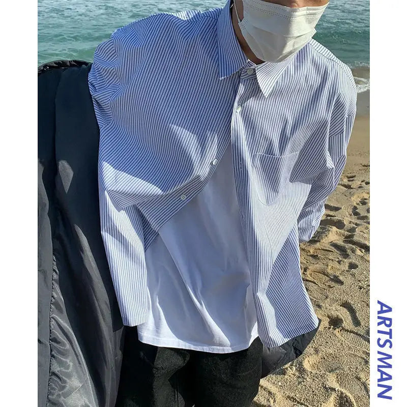 Man Stylish Button Blouse Simple Striped Long Sleeve Summer Spring Cardigan Stripe Blue Classic Casual Oversize Button Up Shirts voguable