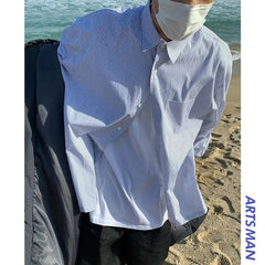 Man Stylish Button Blouse Simple Striped Long Sleeve Summer Spring Cardigan Stripe Blue Classic Casual Oversize Button Up Shirts voguable