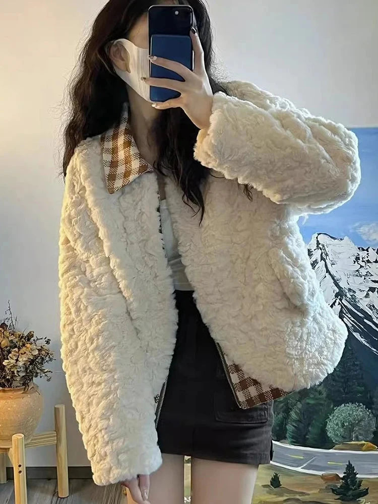 Sweet Cute Faux Lamb Coat Women Winter Thick Warm Plaid Patchwork Jacket Vintage Preppy Style Long Sleeve Kawaii Outwear Tops voguable