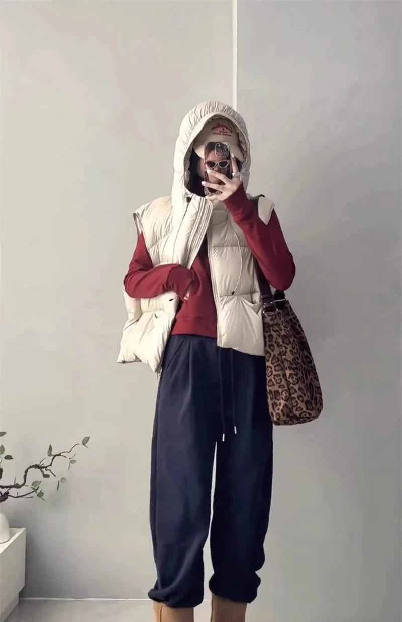 Vintage Y2K Puffy Vest Women Loose Sleeveless Warm Winter Cotton Vest Streetwear Casual Retro American Solid Hooded Vest voguable