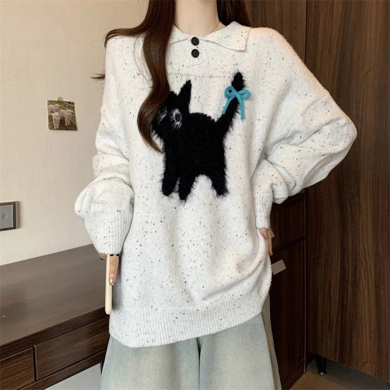 Cute Cartoon Bow Sweaters Women Loose Vintage Long Sleeve Kawaii Knitted Jumper Japan Casual Preppy Style Retro Pullovers voguable