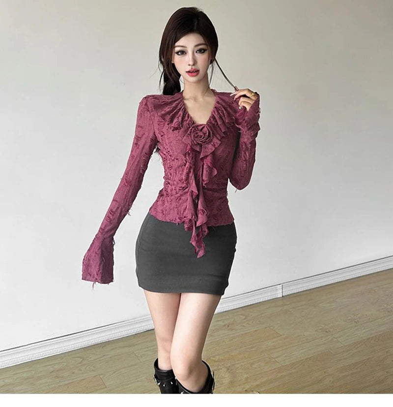 3D Floral Ruffles Y2K T Shirts Women Slim Long Sleeve Hole Gothic Tops Streetwear Harajuku Vintage Lady V Neck Design Tees voguable